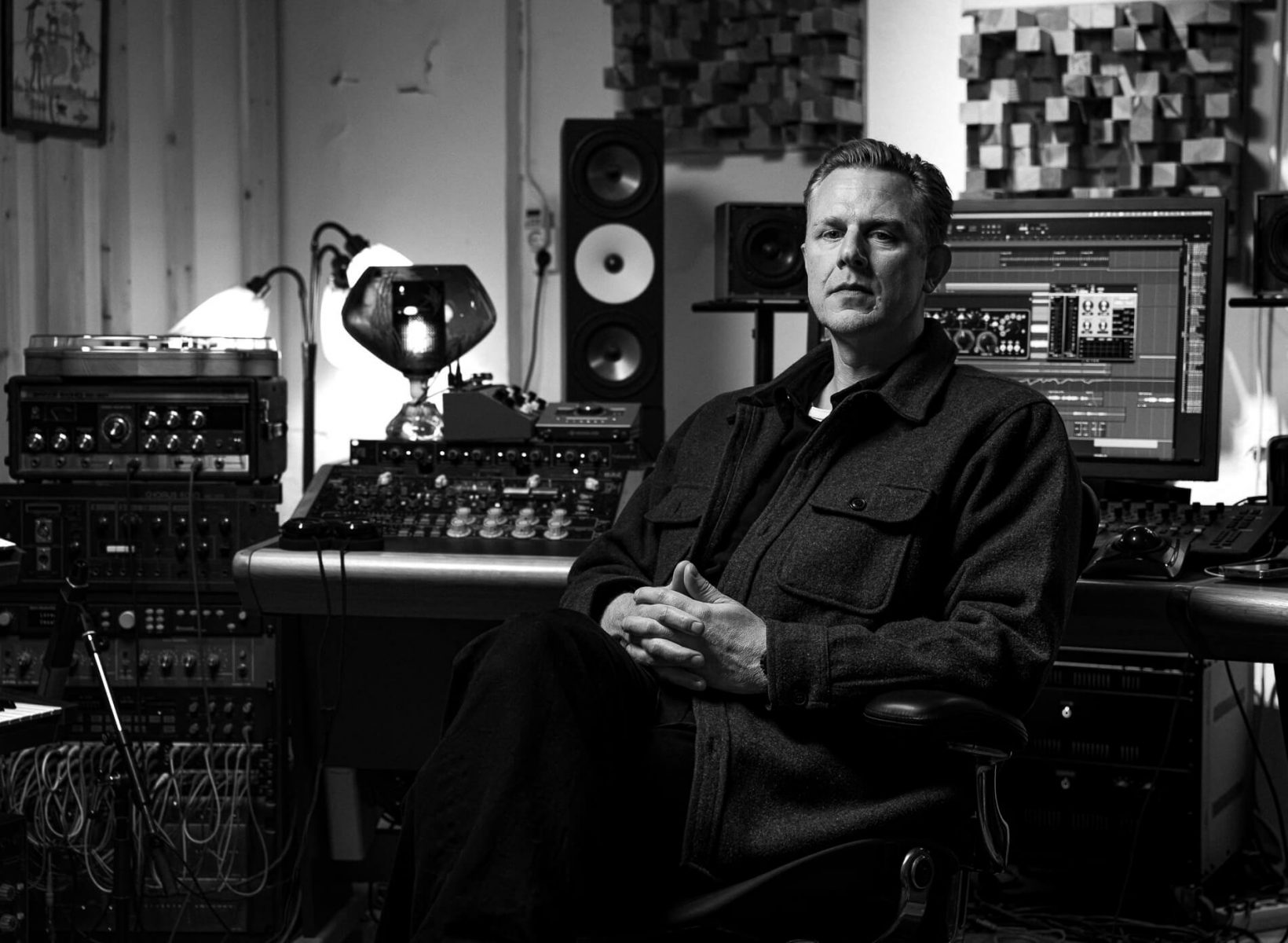 Portrait of musician Familjen in his studio. Relaxed portrait with soft light and nice atmosphere.