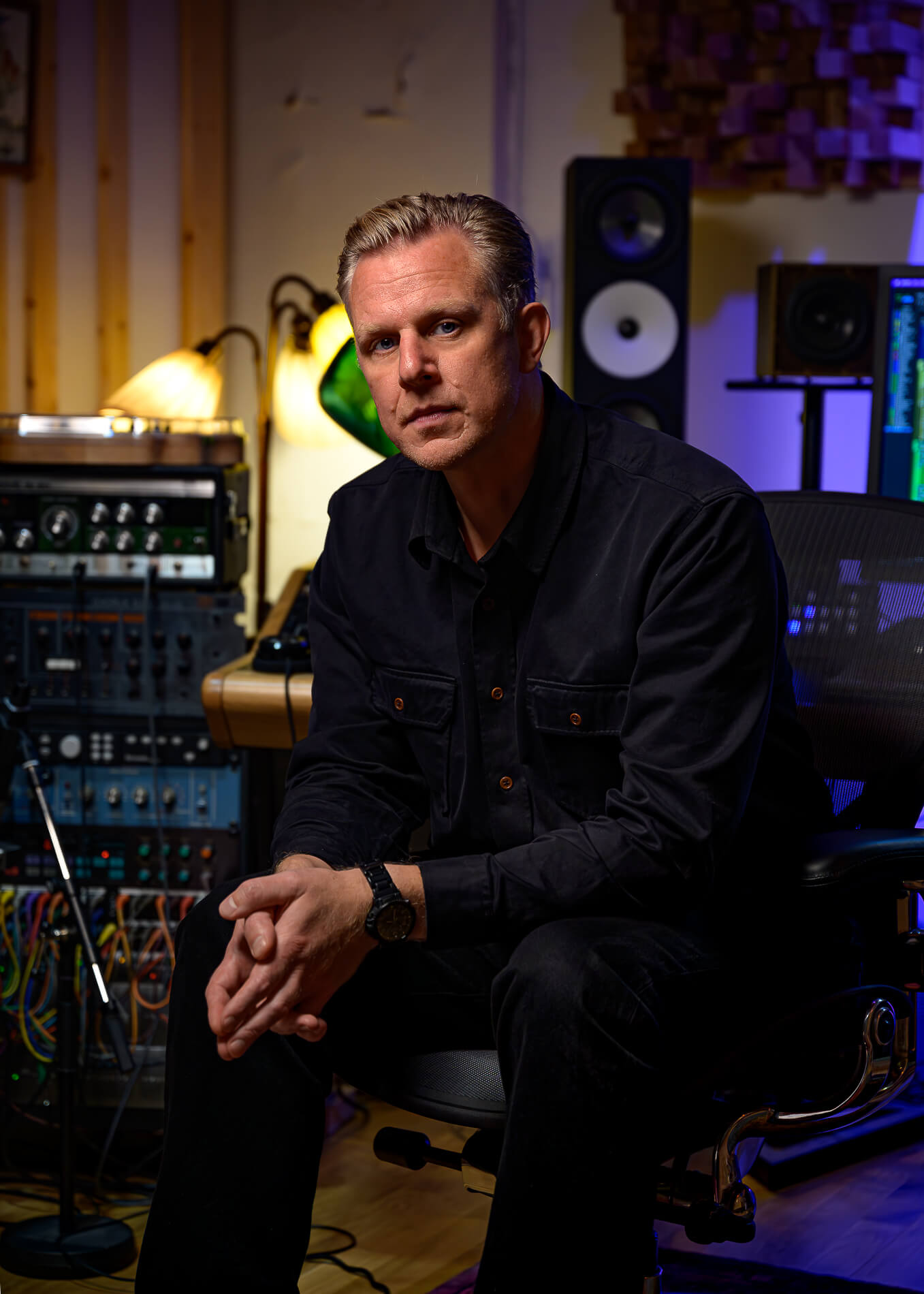 Portrait of musician Familjen in his studio. Relaxed portrait with soft light and nice atmosphere.